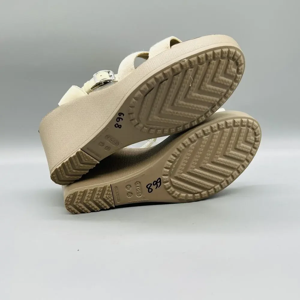 Crocs Sandals Womens 10 Beige Strappy Ankle Strap Buckle Wedge Comfort Shoes